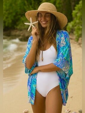 Lilly Pulitzer Oversized Harbor Kimono Purple Blue Green Cardigan NWOT